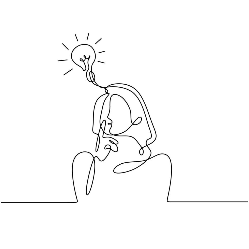 2215370-ligne-continue-tracee-d-une-femme-pensant-avec-ampoule-au-dessus-de-sa-tete-allegorie-de-solution-et-recherche-creative-minimalisme-concept-d-idee-et-la-creativite-vectoriel